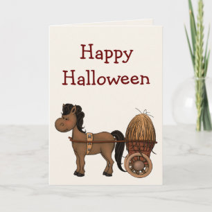 Cute Brown Horse with Hay Cart Happy Halloween Card
