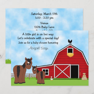 Cute Brown Horses and Red Barn Baby Shower Invitation
