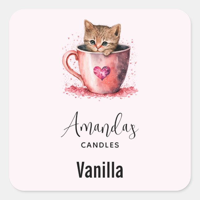 Cute Brown Kitten in a Teacup Candle Craft Square Sticker (Front)