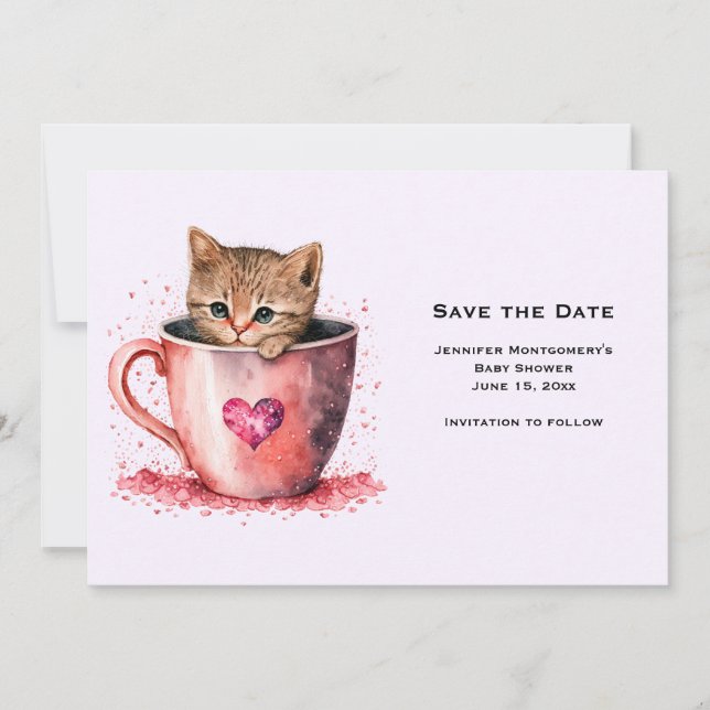 Cute Brown Kitten in a Teacup Save The Date (Front)
