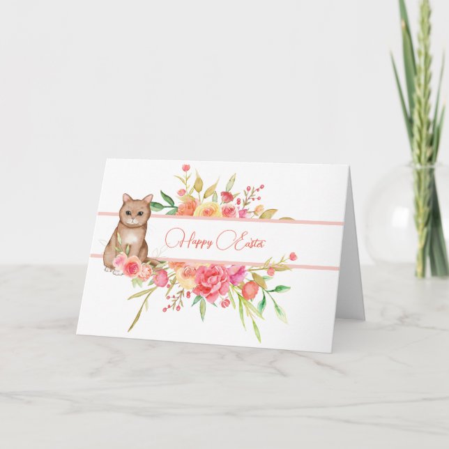 Cute Brown Kitty with Pink Flowers Easter Card (Front)