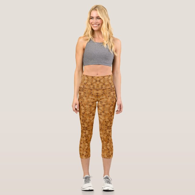 Cute brown leaves pattern capri leggings (Front)