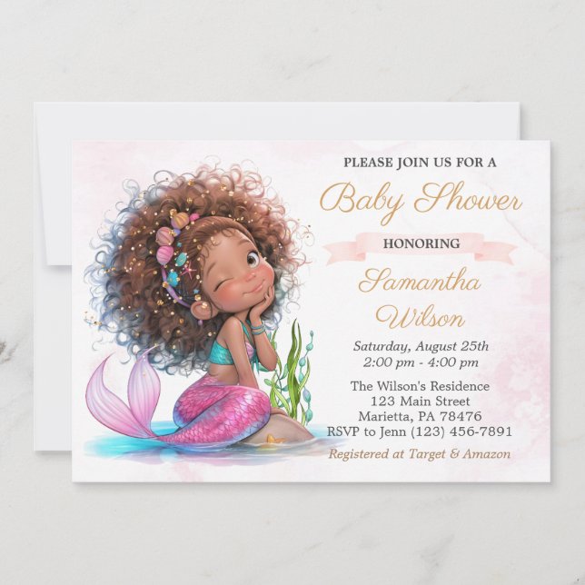 Cute Brown Little Mermaid Girl Baby Shower Invitation (Front)