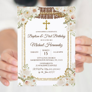 Cute Brown Mexican Baptism & First Birthday Invitation