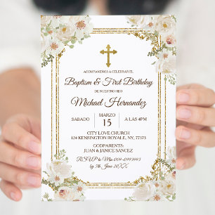 Cute Brown Mexican Baptism & First Birthday Invitation