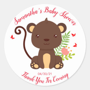 Cute Brown Monkey With Pink Flowers Baby Shower Classic Round Sticker