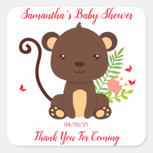 Cute Brown Monkey With Pink Flowers Baby Shower Square Sticker