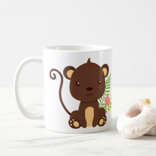 Cute Brown Monkey With Pink Flowers Coffee Mug