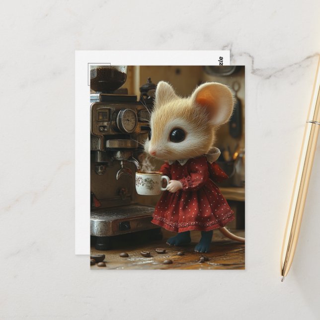 Cute Brown Mouse Makes Coffee Postcard (Front/Back In Situ)