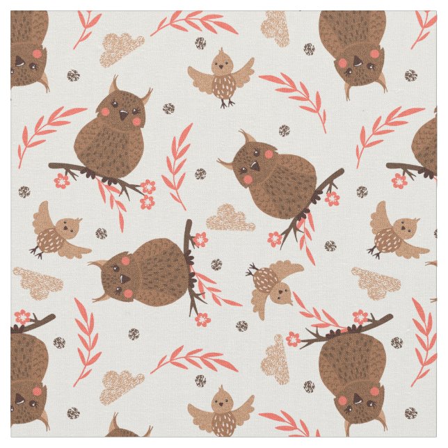 Cute Brown Owl and Bird Pattern Fabric (Close Up)