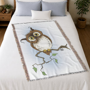 Cute Brown Owl Blue Wildlife Whimsical Throw Blanket