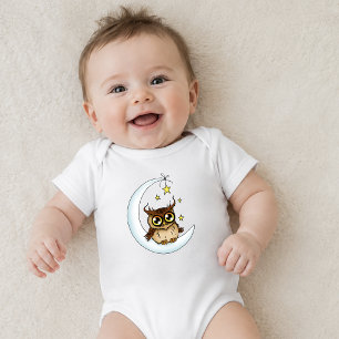 Cute Brown Owl Crescent Moon Stars Blue Baby Bodysuit