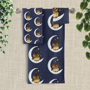 Cute Brown Owl Crescent Moon Stars Blue Bath Towel Set
