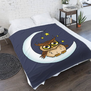 Cute Brown Owl Crescent Moon Stars Blue Fleece Blanket