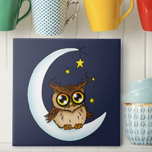 Cute Brown Owl Crescent Moon Stars Blue Tile