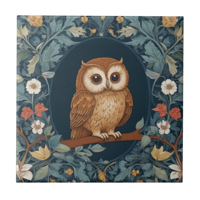 Cute Brown Owl Dark Blue Spring Summer Flowers Tile (Front)