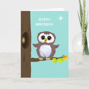 Cute Brown Owl & Editable Birthday Wishes on Teal Card