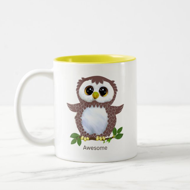 Cute Brown Owl, Laurel Leaves & Calligraphy Two-Tone Coffee Mug (Left)