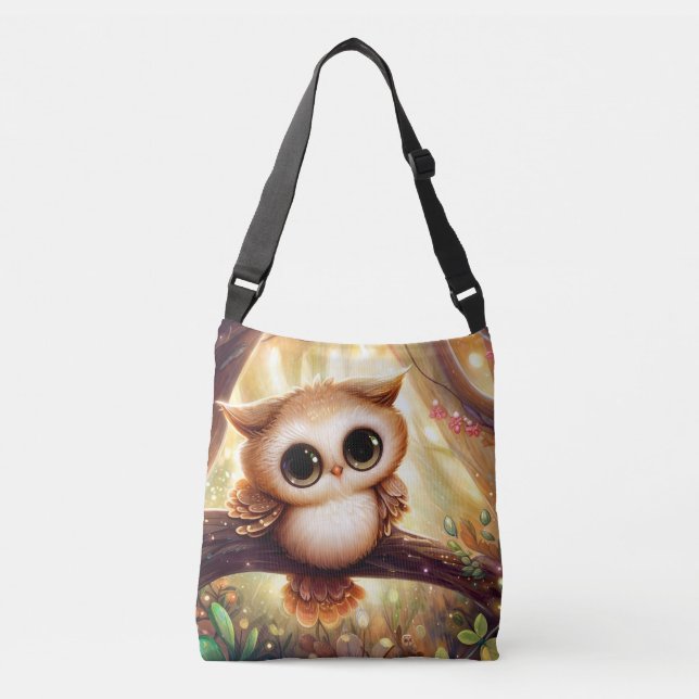 Cute brown owl on a branch crossbody bag (Front)