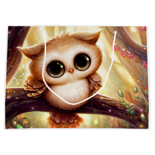 Cute brown owl on a branch large gift bag