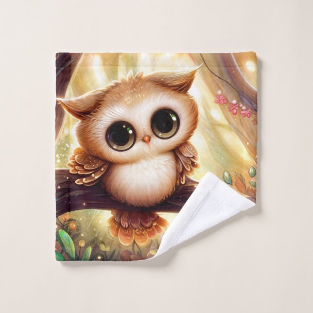 Cute brown owl on a branch wash cloth (Wash Cloth)