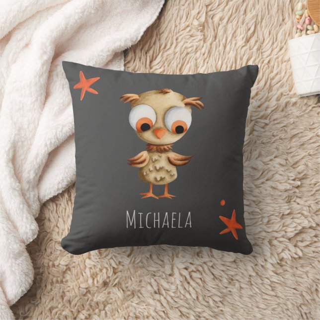 Cute Brown Owl Personalised Grey Nursery Cushion (Blanket)
