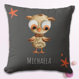 Cute Brown Owl Personalised Grey Nursery Cushion