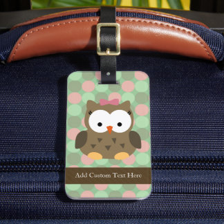 Cute Brown Owl w/Pink Bow Luggage Tag
