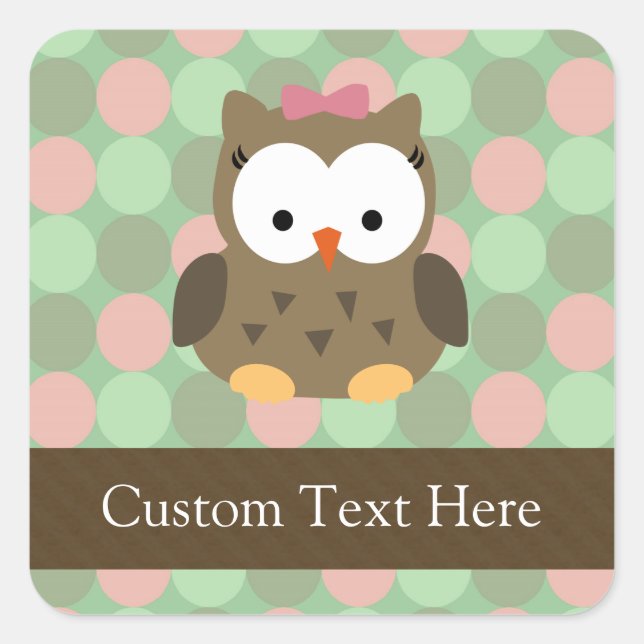 Cute Brown Owl w/Pink Bow Square Sticker (Front)