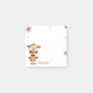 Cute brown owl with big eyes and stars post-it notes