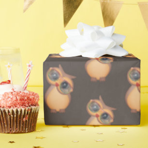cute brown owl with glasses wrapping paper