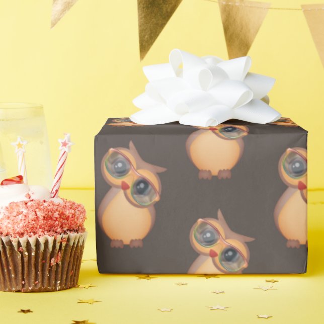 cute brown owl with glasses wrapping paper (Birthday Party)