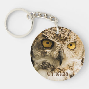 Cute Brown owl with yellow eyes add name Key Ring