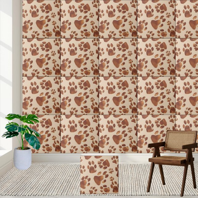 Cute Brown Paw Print Pattern Tile (Cute Brown Paw Print Pattern Tile)
