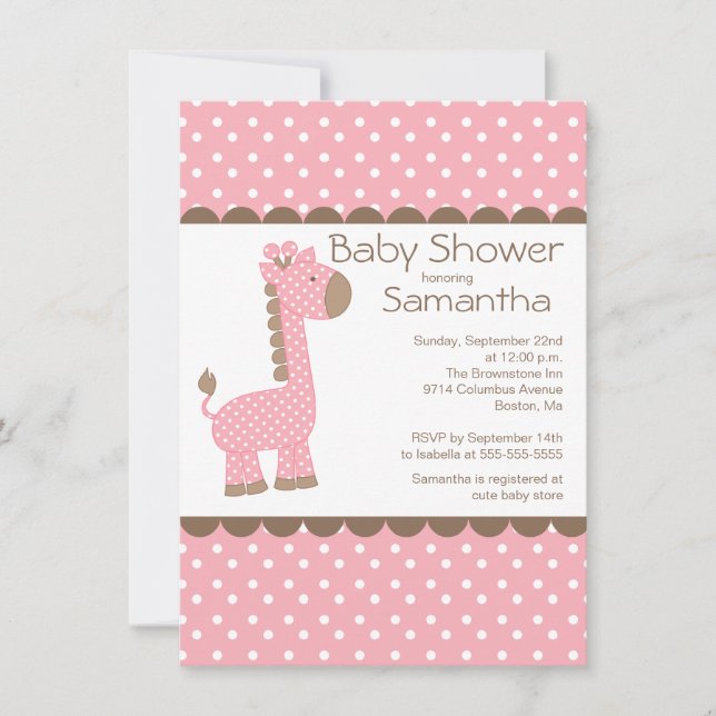 Cute Brown Pink Giraffe Girls Baby Shower Invitation (Front)