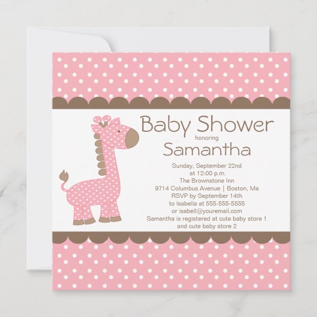 Cute Brown Pink Giraffe Girls Baby Shower Invitation (Front)