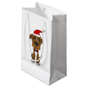 Cute Brown Pit bull in Santa hat Christmas Cartoon Small Gift Bag
