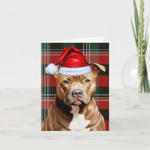 Cute Brown Pitbull Santa Dog Red Green Plaid Holiday Card