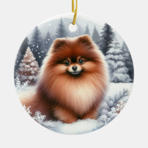 Cute Brown Pomeranian Dog Scenic Winter Ceramic Tree Decoration