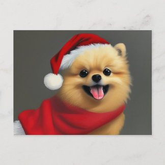 Cute Brown Pomeranian Wearing a Santa Hat Holiday Postcard