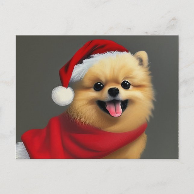 Cute Brown Pomeranian Wearing a Santa Hat Holiday Postcard (Front)