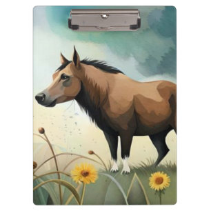 Cute brown pony in the floral field clipboard