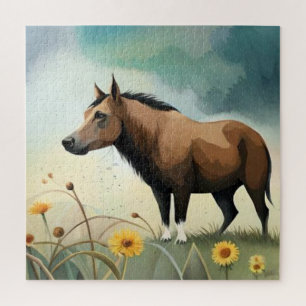 Cute brown pony in the floral field jigsaw puzzle