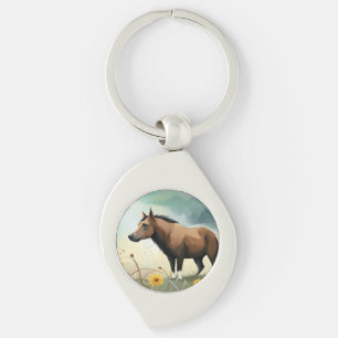 Cute brown pony in the floral field key ring