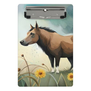 Cute brown pony in the floral field mini clipboard
