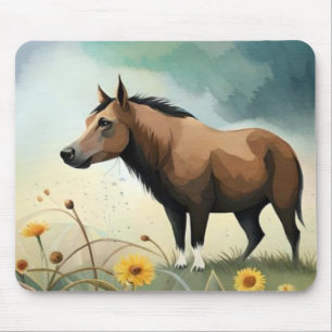 Cute brown pony in the floral field mouse mat