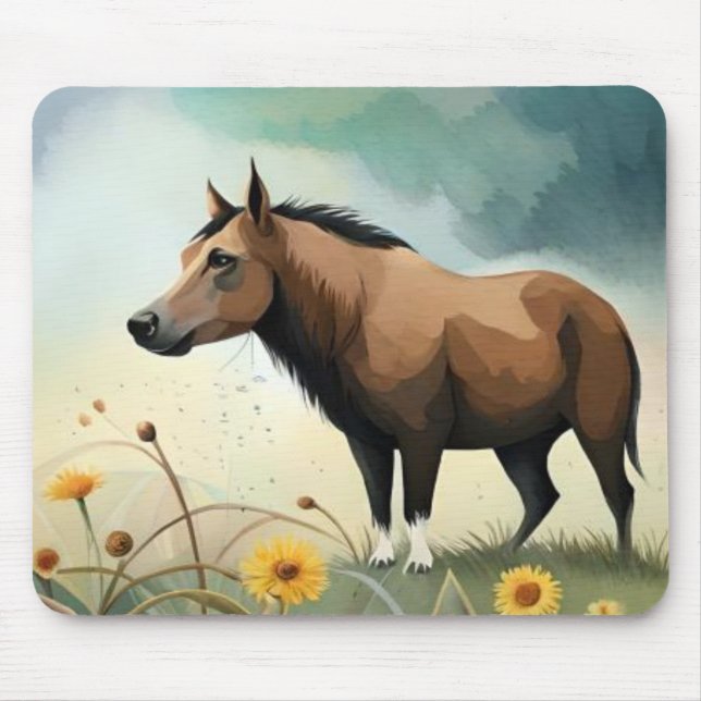 Cute brown pony in the floral field mouse mat (Front)