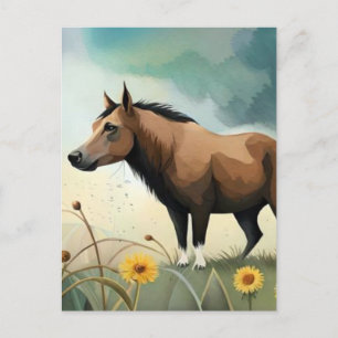 Cute brown pony in the floral field postcard