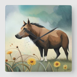 Cute brown pony in the floral field square wall clock