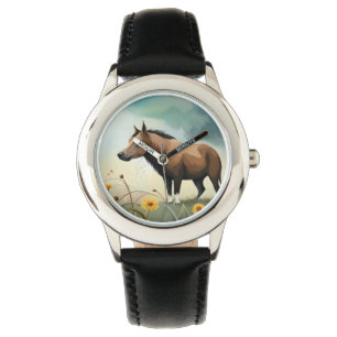 Cute brown pony in the floral field watch